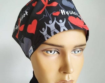 Heart unisex cap| black surgical cap | Head Covers - woman surgical hats, Medical cap , adjustable , cotton cap, Chemo cap l nurse cap