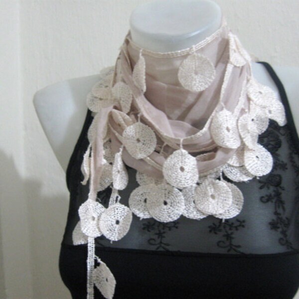 Traditional  Turkish Fabric Fringed CHAMPAGNE-BEIGE Guipure  Scarf ..wedding,bridal,authentic, romantic, elegant, fashion