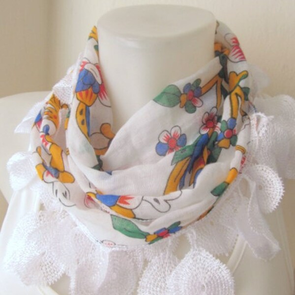 Traditional  Turkish Fabric Fringed Guipure  Scarf ..shawl,authentic, romantic, elegant, fashion,white