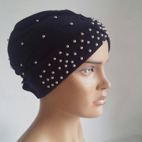 navy blue headcovering - headband - chemo hat - head scarf -  tichel - hijab scarf - muslim scarves - pearl headcovering - turban - sinar