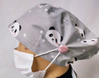 Light gray Panda cap  I unisex I Nurse cap | Chemo Hats | grey panda cap | Head Covers -  surgical cap women , adjustable , cotton cap