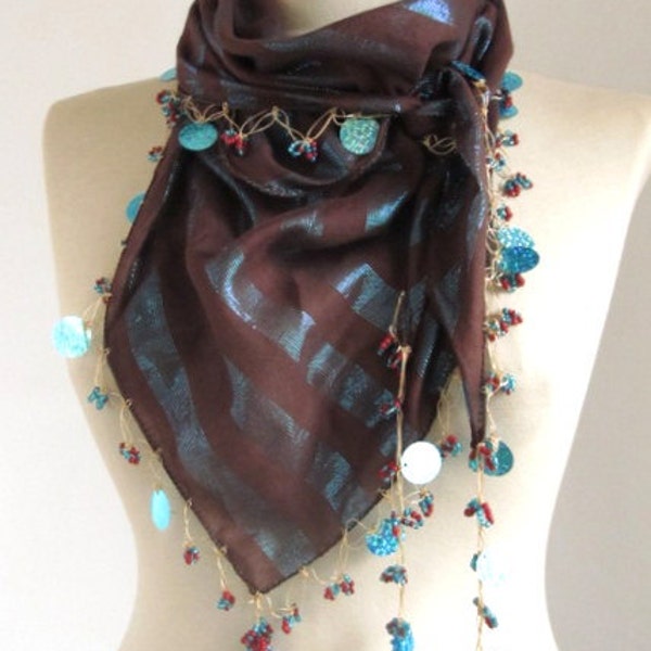 Tringle Dark Brown-Blue emerald Turkish Yemeni oya scarf .,authentic, romantic, elegant, fashion