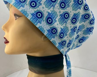 Hamsa surgical cap, Women's surgical scrub hats, Medical scrub cap, surgical cap women ,blue nurse cap. Evil eye hamsa