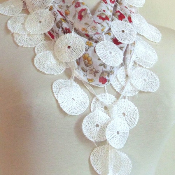 Traditional Fabric Fringed WHITE FLOWER Guipure  Scarf-Gift ..shawl,authentic, romantic, elegant, fashion