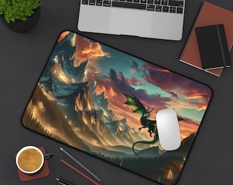 May include: A green dragon with outstretched wings flies over a mountain range with a sunset sky in the background. The mousepad is designed with a fantasy theme.