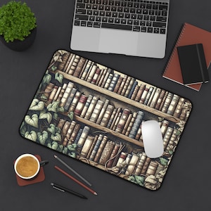 Floral Books Desk Mat, Bookshelf Large Mouse Pad, Office Decor, Work from Home Desk Accessory, Gift for Book Lovers, Home Office Supplies