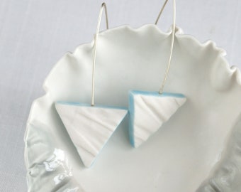 RUCHED satin triangle earrings, white porcelain, cerulean