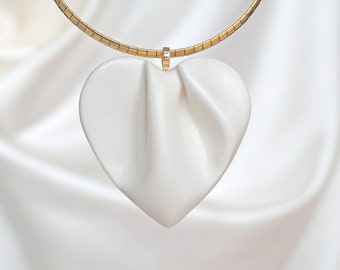 DRAPED heart necklace, large, porcelain, gold stainless steel