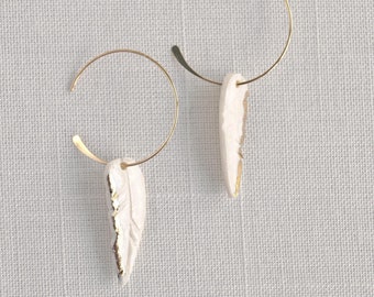 FEATHER earrings, mottled white porcelain, gold lustre, gold fill hoops