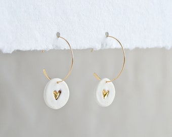 Love DROP heart hoop earrings, porcelain gold fill