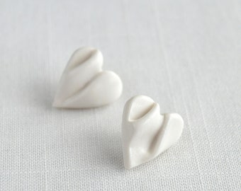 DRAPED heart earrings, white porcelain, 925 sterling silver, or gold, or rose gold