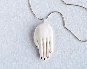 Sculpted HAND necklace, white, choose 925 silver chain