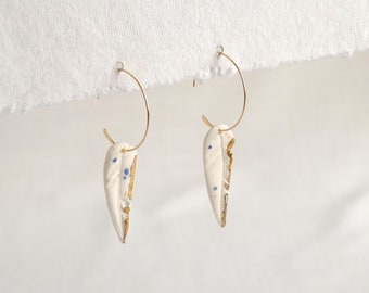 FEATHER earrings, speckled white porcelain, gold lustre, gold fill hoops