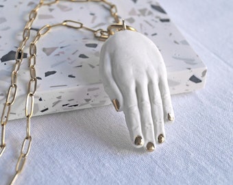 Porcelain HAND necklace, gold paper clip toggle chain