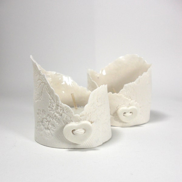 Tealight holder ceramic votive candles vessel white lace porcelain wedding favour gift for her feminine home decor, Vanillakiln