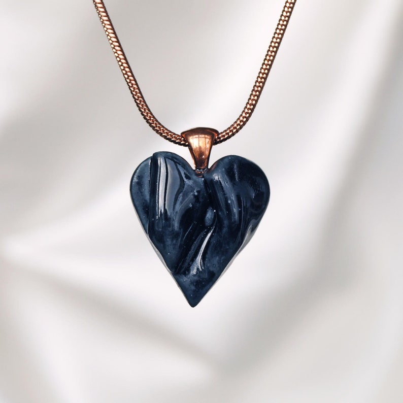 DRAPED heart necklace, small black porcelain, choose rose gold chain image 1