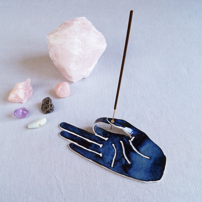 incense stick holder meditation altar zen decor MUDRA hand incense holder ceramic incense burner midnight blue porcelain hand