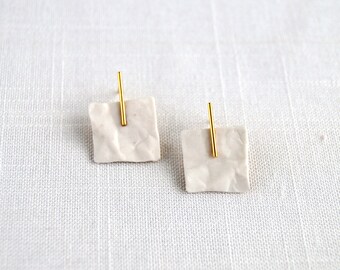 CRINKLED paper clay stud earrings with bars, square porcelain, gold vermeil