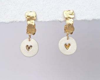 Love DROP heart dangle earrings, porcelain, gold