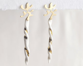 SEA-WEED earrings, porcelain, gold, steel pins