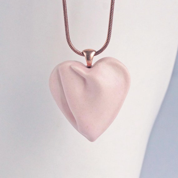 Large pink porcelain DRAPED heart necklace, rose gold chain, 304