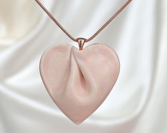 Large porcelain DRAPED heart necklace, pink, choose rose gold chain
