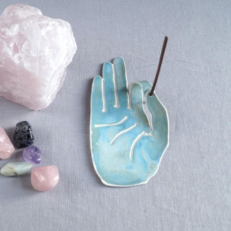 ceramic incense burner incense stick holder meditation altar zen decor turquoise aqua porcelain hand MUDRA hand incense holder