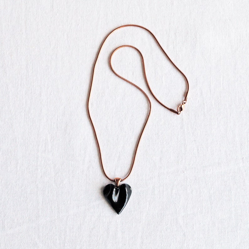 DRAPED heart necklace, small black porcelain, choose rose gold chain image 3