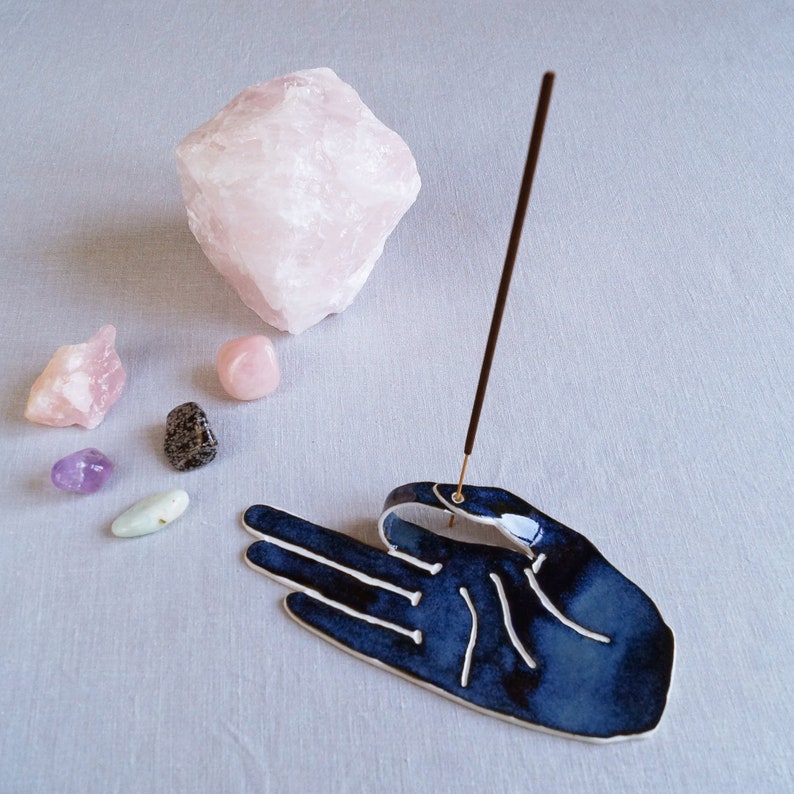 incense stick holder meditation altar zen decor MUDRA hand incense holder ceramic incense burner midnight blue porcelain hand