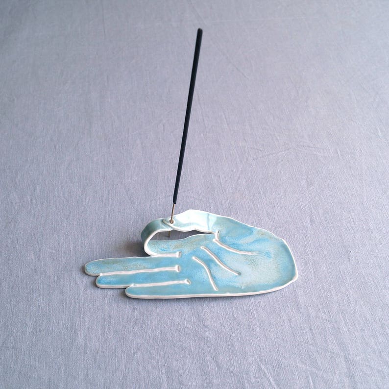 ceramic incense burner incense stick holder meditation altar zen decor turquoise aqua porcelain hand MUDRA hand incense holder