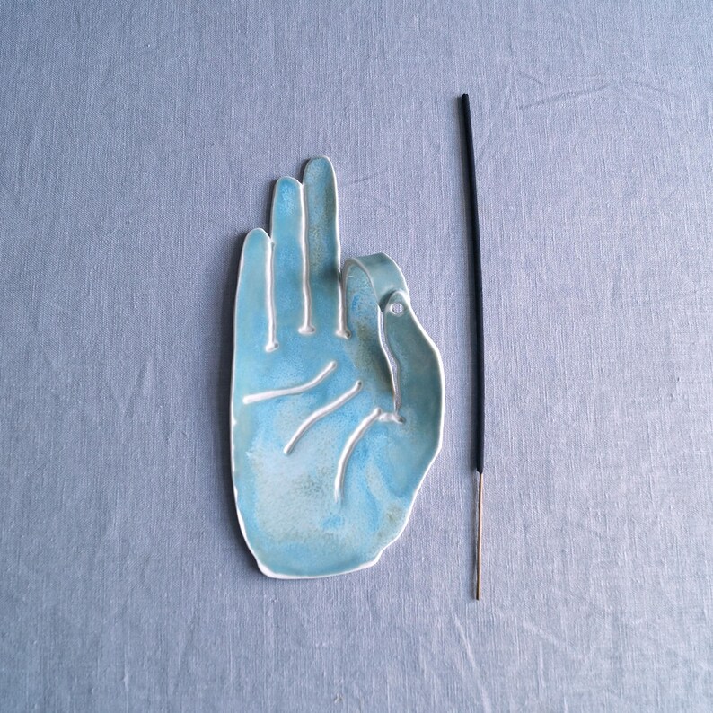 ceramic incense burner incense stick holder meditation altar zen decor turquoise aqua porcelain hand MUDRA hand incense holder