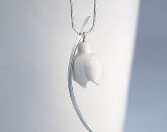 Porcelain SNOWDROP necklace, silver leaf charm