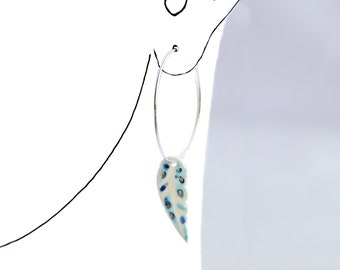 FEATHER porcelain earrings, speckled blue, 925 sterling silver hoops