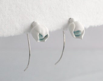 SNOWDROP porcelain earrings, curved silver wires