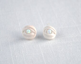 Mystic EYE LIGHT porcelain earrings, opals, 925 sterling silver studs