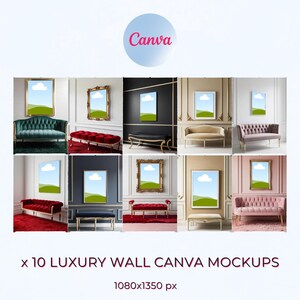 Peut inclure: Dix maquettes d'une toile murale avec une image de paysage dans un cadre doré. Les maquettes sont présentées dans différentes pièces avec différents meubles et schémas de couleurs. La toile mesure 1080x1350 pixels.