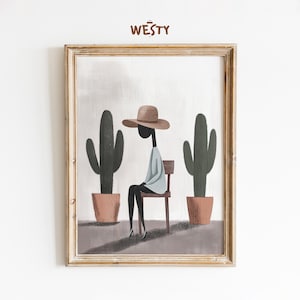 Minimalistische westliche Kunst | Wüste Frau Poster | Neutrale Boho Wanddekoration