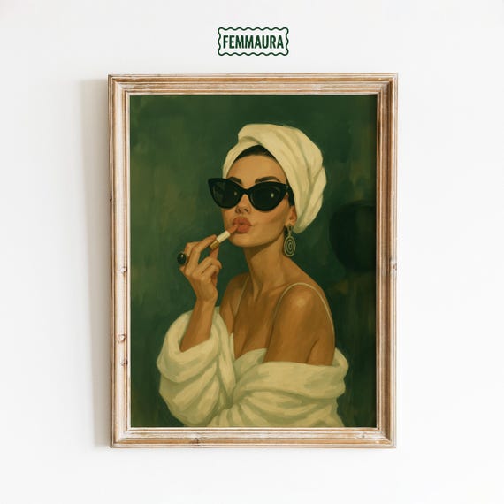 Lipstick Glam Woman Poster – Retro Vanity Wall Art in Green with Sunglasses & Towel