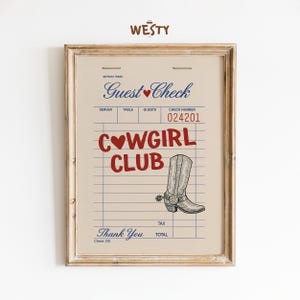 Poster Cowgirl Club / Arte murale Western Diner / Stampa retrò con scontrino per gli ospiti