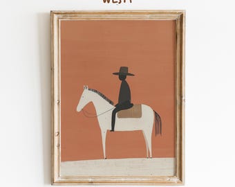 Póster minimalista de vaquero occidental / Impresión abstracta de jinete / Arte mural moderno del suroeste