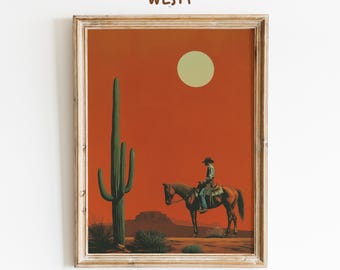 Minimalistische cowboywoestijnposter | Western-ruiterprint | Muurkunst zuidwestelijke zonsondergang