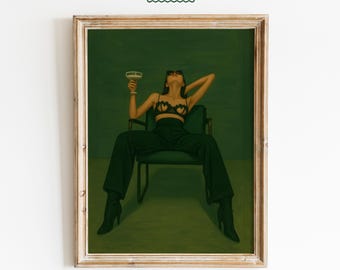 Arte murale del potere femminile - Donna sicura di sé con stampa di cocktail - Siediti come una signora