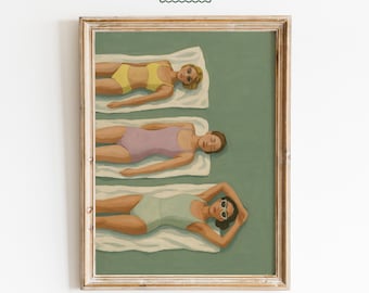 Sunbathing Women Poster – Vintage Poolside Art Print, Retro Feminine Wall Decor