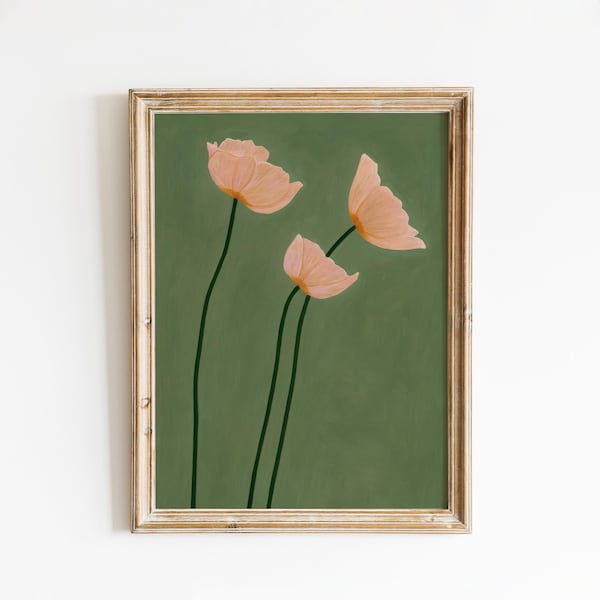 Blush Peony Trio Poster – Minimalist Floral Wall Art on Olive Green