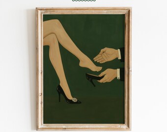 Feminine Power Poster – Minimal Woman’s Legs and High Heel Art Print, Dark Green Illustration for Chic Bedroom or Dressing Room