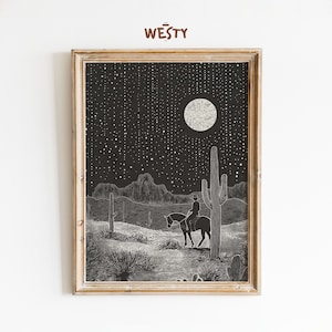 Western Cowboy Nacht Poster | Schwarz-Weiße Wüste Wandkunst | Minimalistische Sternenhimmel Illustration