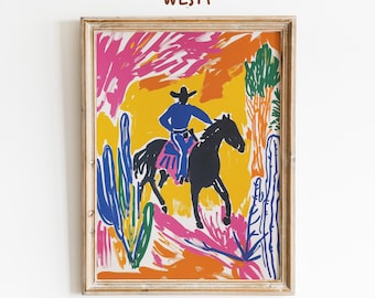 Gedurfde cowboyrit | Abstracte westerse kunst | Levendige woestijnmuurafdruk