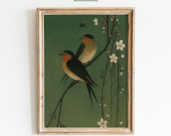 Vintage Wandbild einer Rauchschwalbe auf blühendem Zweig