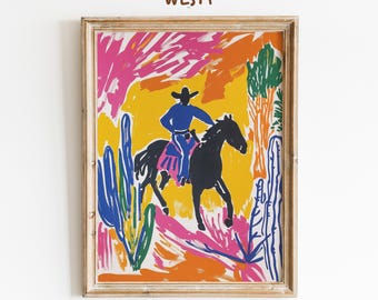Kleurrijke westerncowboy-poster | Abstracte woestijnkunstprint | Zuidwestelijke muurdecoratie