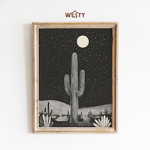 Wüsten-Nachtkaktus-Druck | Western Mondlandschaft | Minimalistisches Boho Poster